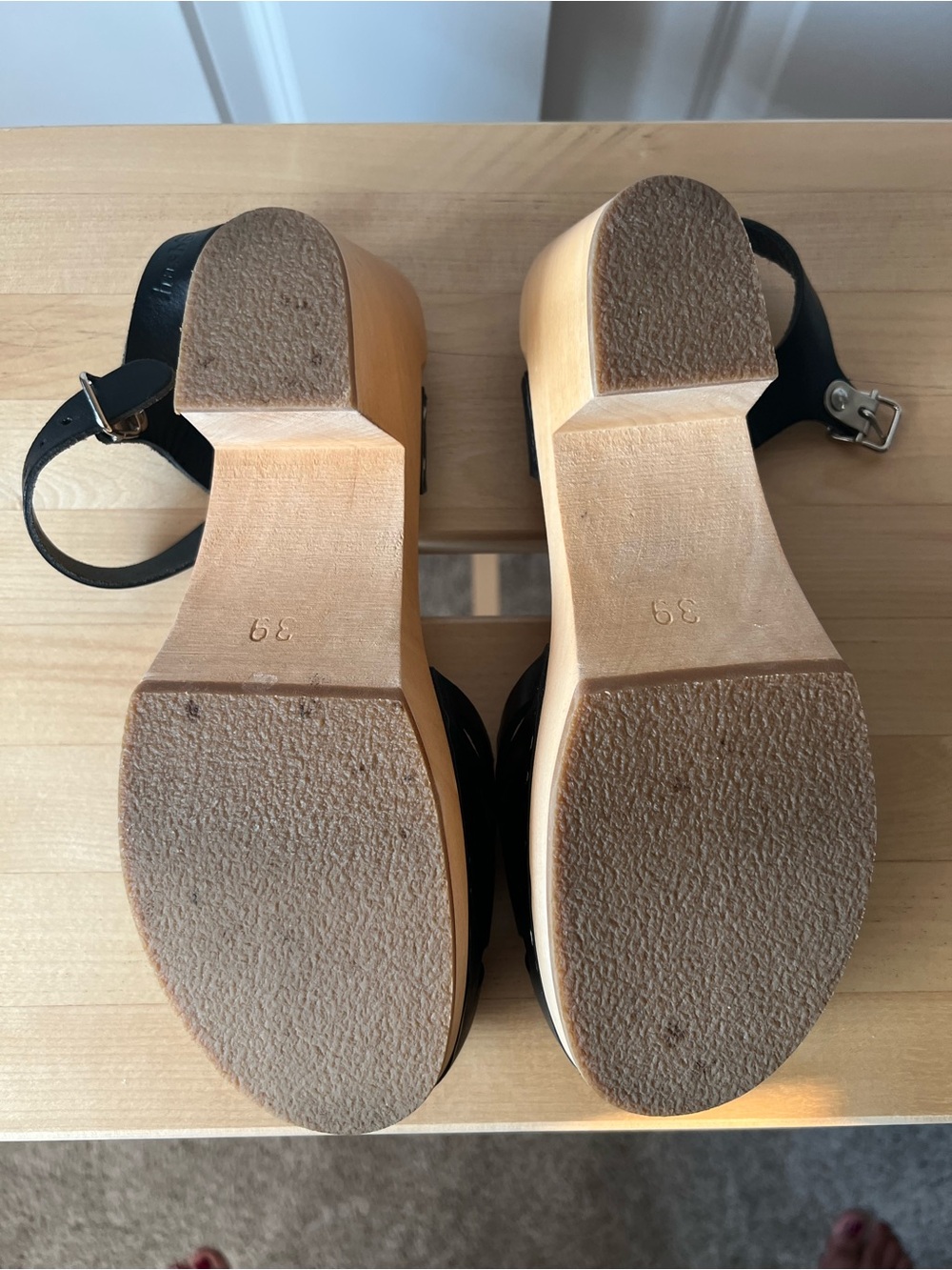 Swedish Hasbeens Black Leather Cutout Clogs with Wooden Heel - Picture 6 of 8